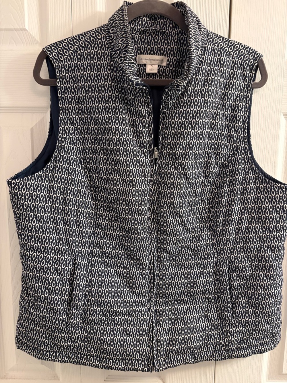Christopher & Banks Navy and White Quilted Zip Vest